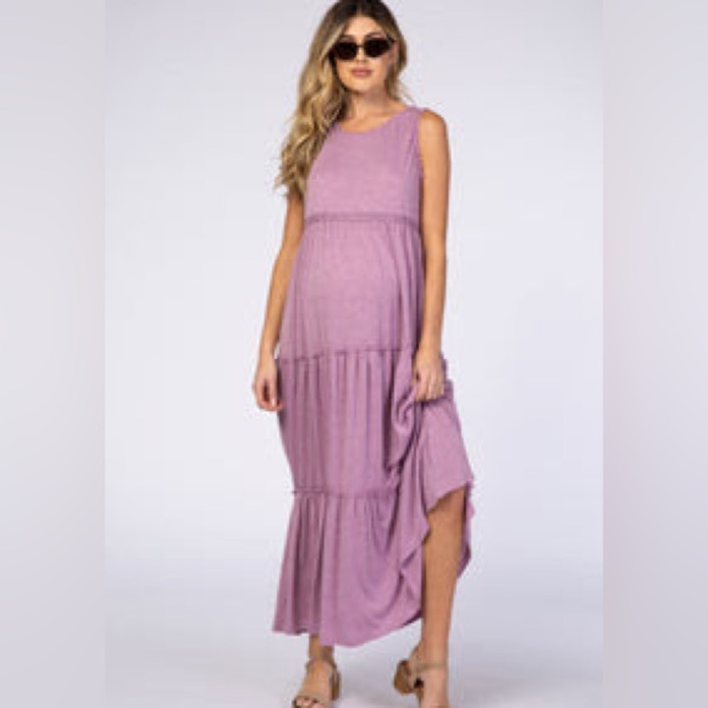 Lavender Tiered Sleeveless Crochet Detail Open Back Maternity Maxi Dress